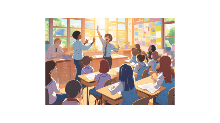 children engaged in a classroom with teacher in the background